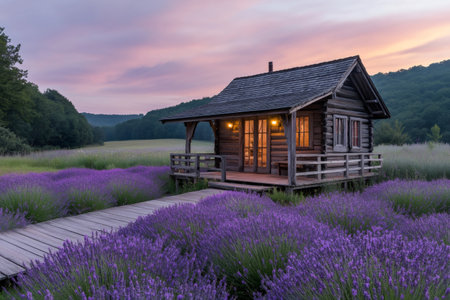 Cozy wooden cabin glowing in a beautiful lavender field at sunset, creating a peaceful and idyllic rural sceneの素材