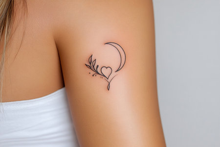 Close-up of a minimalist tattoo featuring a crescent moon, a heart, and a delicate branch on a woman's armの素材
