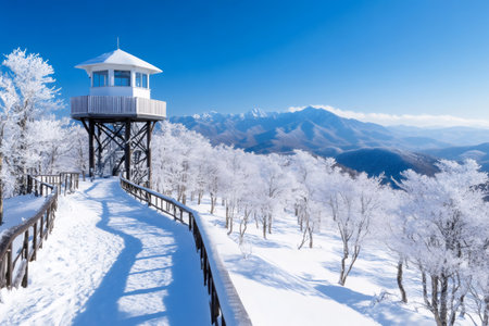Snow covered trees and mountains surrounding an observation tower in winterの素材