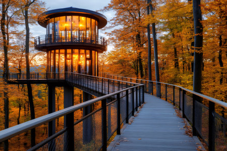 Wooden elevated pathway leading to a modern glass cabin in a treetop during a beautiful sunset in autumn forestの素材