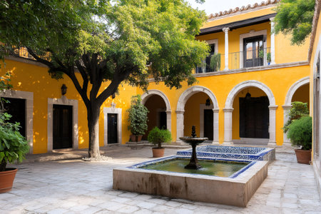 Stone fountain and leafy tree refreshing colonial courtyard in Mexicoの素材