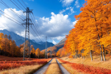 Electricity pylons transporting energy across a mountain road surrounded by colorful autumn treesの素材