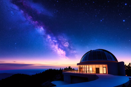 Modern observatory exploring a colorful milky way at sunsetの素材