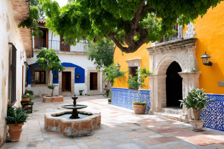 Lush green tree shading a colonial courtyard with a fountain in Santo Domingo, Dominican Republicの素材