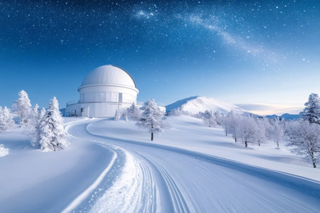 Cross-country ski run leading to an astronomical observatory in a snowy winter mountain landscape under the milky wayの素材