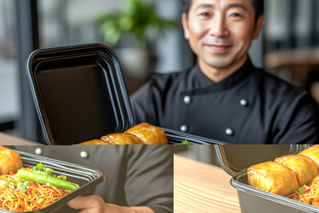 Smiling chef showing a takeaway box with spring rolls and noodlesの素材