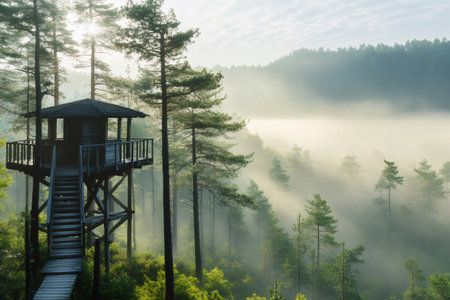 Sun shining through trees illuminating foggy forest with wooden hut at sunriseの素材