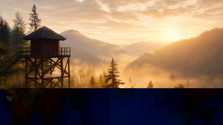 Golden sunrise illuminating fog in the valley of a mountain forest with a wooden watchtowerの素材