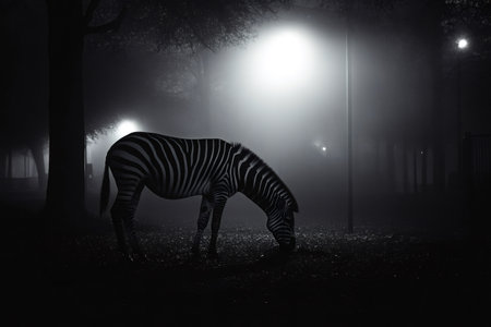 Lonely zebra grazing in a foggy park at night, illuminated by street lights, creating a mysterious and evocative atmosphereの素材