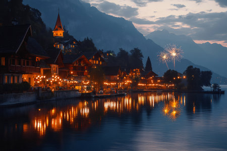 Fireworks light up the sky above a picturesque Swiss town on Lake Thun, creating a magical evening sceneの素材