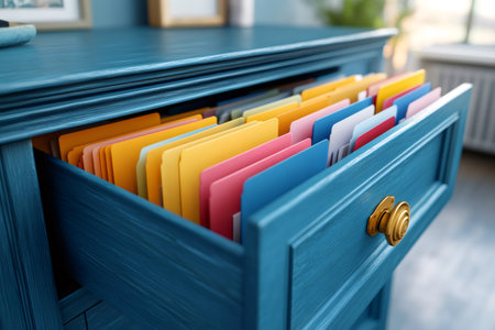 Open blue drawer revealing colorful files organizing important documents, promoting order and efficiency in a home office settingの素材