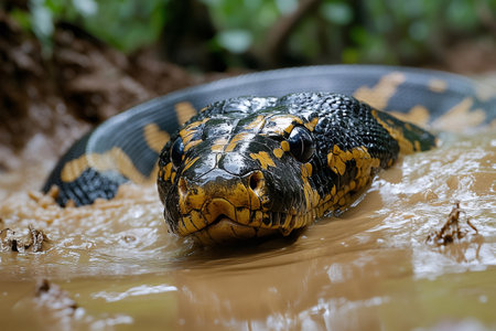 Close-up of a yellow anaconda partially submerged in muddy water, creating a captivating sceneの素材