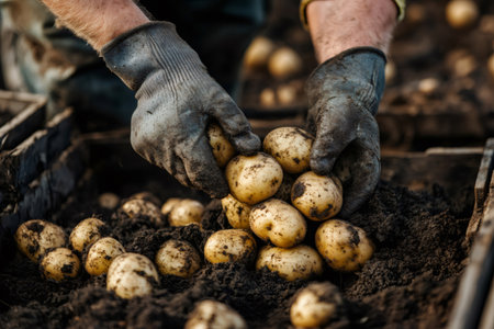 Farmer harvesting potatoes holding some just picked from the groundの素材