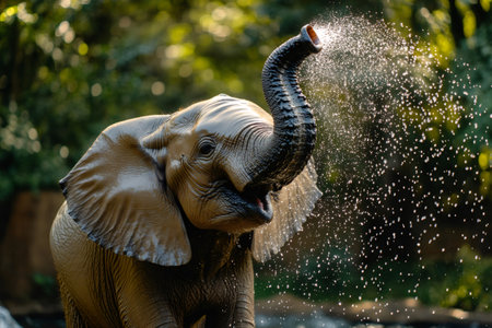 Playful baby elephant refreshing itself by spraying water with its trunk on a sunny day in the forestの素材