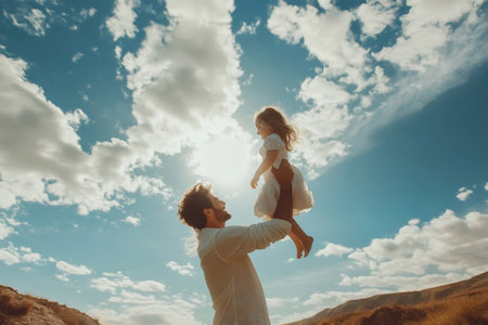 Father lifting his baby daughter up in the air, having fun under a bright blue cloudy skyの素材