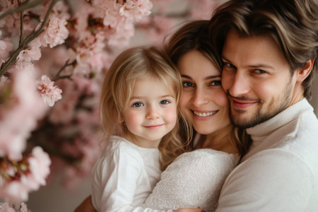 Happy family embracing near blooming sakura tree at homeの素材
