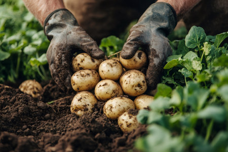 Farmer holding freshly harvested potatoes in his hands, covered with soilの素材