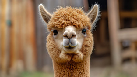 Portrait of a fluffy brown alpaca looking at viewer with funny expression on blurred farm backgroundの素材