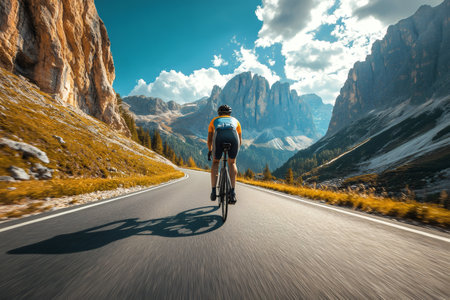 Professional cyclist training on scenic mountain road in Dolomitesの素材