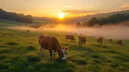 Cows are grazing peacefully in a misty field during a beautiful sunrise, creating a serene countryside sceneの素材
