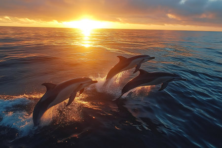 Three dolphins jumping out of the water during a beautiful orange sunsetの素材