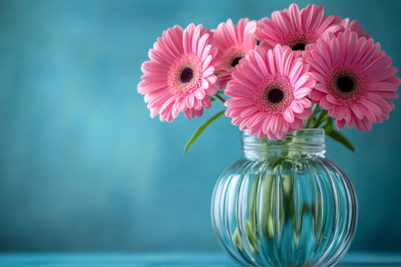 Pink gerbera flowers bring a touch of elegance and freshness to a turquoise backdrop, creating a visually appealing contrastの素材