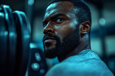 Muscular man lifting heavy dumbbells, showcasing strength and dedication to fitnessの素材