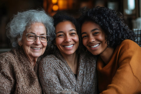 Happy family enjoying time together at home, posing for a portraitの素材