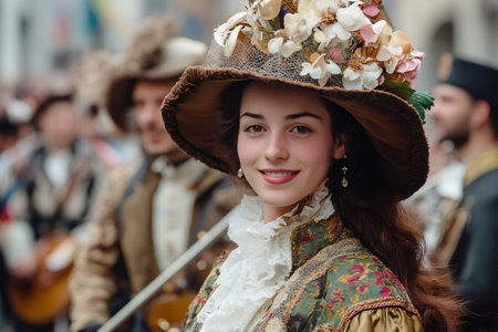 Smiling young woman wearing a large flowered hat and baroque costume during an historical reenactment paradeの素材