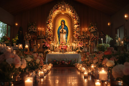 Beautiful altar of the Virgin Mary decorated with flowers and illuminated by candles during a religious ceremonyの素材