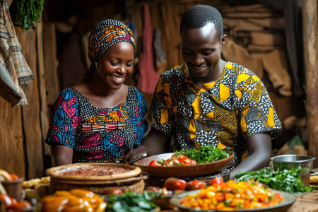 Two African market vendors happily preparing traditional food with vegetablesの素材