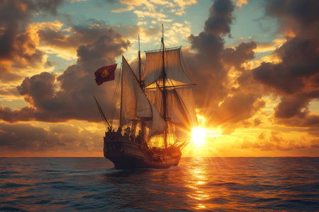 Galleon sailing towards the sunset in a cloudy sky with waving flagの素材
