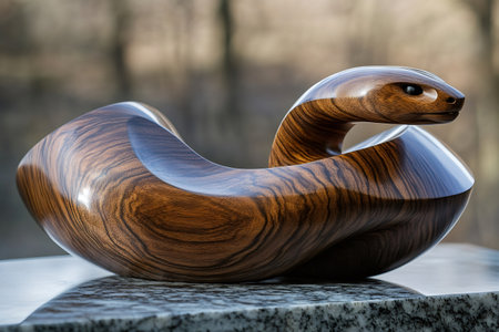 Wooden snake sculpture emerging from abstract shape, representing concepts of transformation, nature, and craftsmanshipの素材