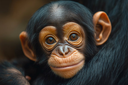 Close-up portrait of a baby chimpanzee showing emotion with big eyesの素材