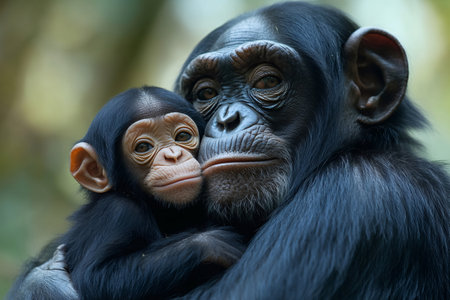 Mother chimpanzee tenderly hugging her baby, showcasing the strong bond between themの素材