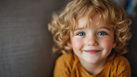 Close-up portrait of adorable smiling toddler with curly blond hair and blue eyes, expressing happiness and innocenceの素材