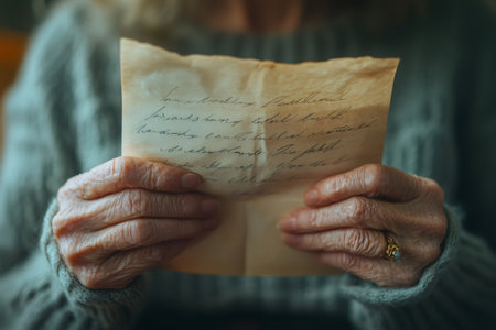 Wrinkled hands of a senior woman holding a vintage letter, evoking nostalgia and cherished memoriesの素材