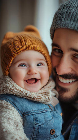 Father and baby wearing winter hats are smiling and looking happyの素材