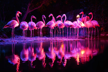 Group of pink flamingos standing in water at night with colorful reflectionsの素材
