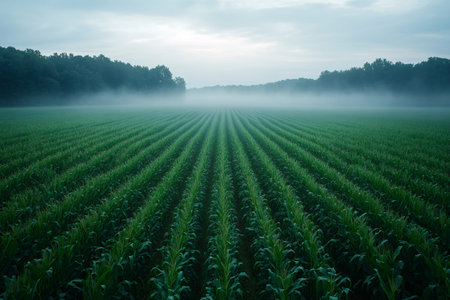 Rows of corn growing in a field covered by fog at dawn in summerの素材