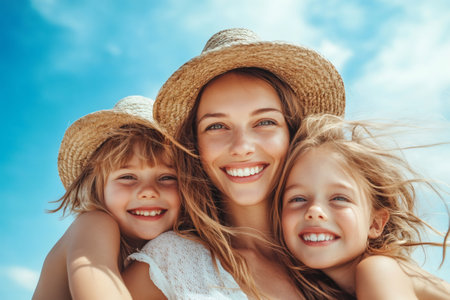 Mother and her two daughters wearing straw hats are smiling under a blue skyの素材