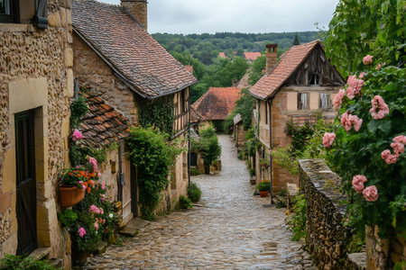 Idyllic scene capturing the essence of rural France, with flowers adding a touch of color to the old stone housesの素材
