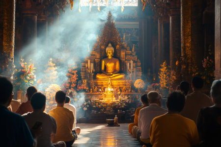 Buddhist monks praying in temple with golden buddha statue during a ceremony with incense smoke and flowersの素材