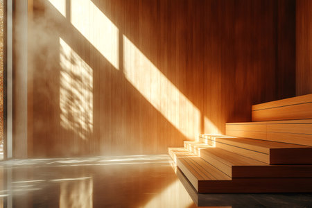 Warm sunlight streams into a modern sauna, highlighting the wooden benches and tiled floorの素材