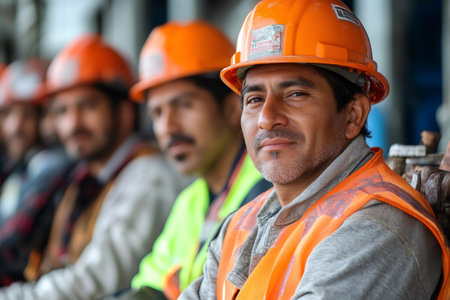Construction workers in hard hats taking a breakの素材