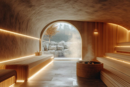Empty Finnish sauna room with warm lighting and hot stones, showing outdoor forest through arched windowの素材