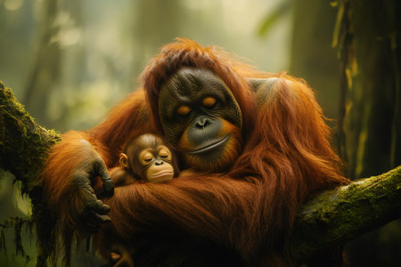 Mother orangutan lovingly holding her baby close, both peacefully sleeping on a tree branch in a lush forestの素材