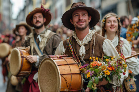 Drummers and people holding flowers parading in traditional costumes during a historical reenactmentの素材