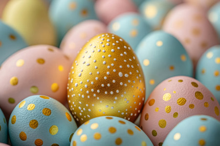 Golden easter egg decorated with white dots surrounded by pastel colored easter eggs with golden dots for easter celebrationの素材