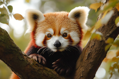 Firefox, red panda, is relaxing on a tree branch in the forest, looking at the observerの素材